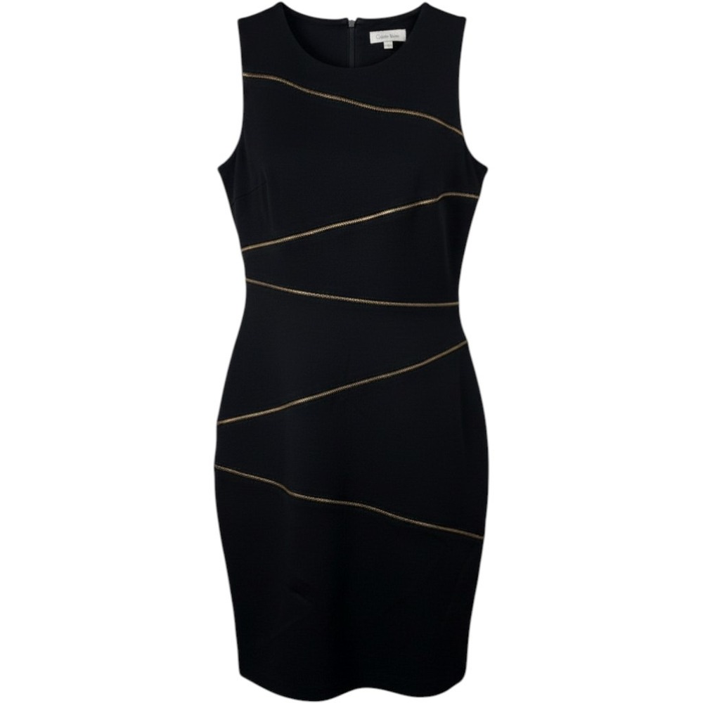 Calvin Klein Sheath Dress Womens 10 Black Gold Zipper Moto Cocktail MotoChic